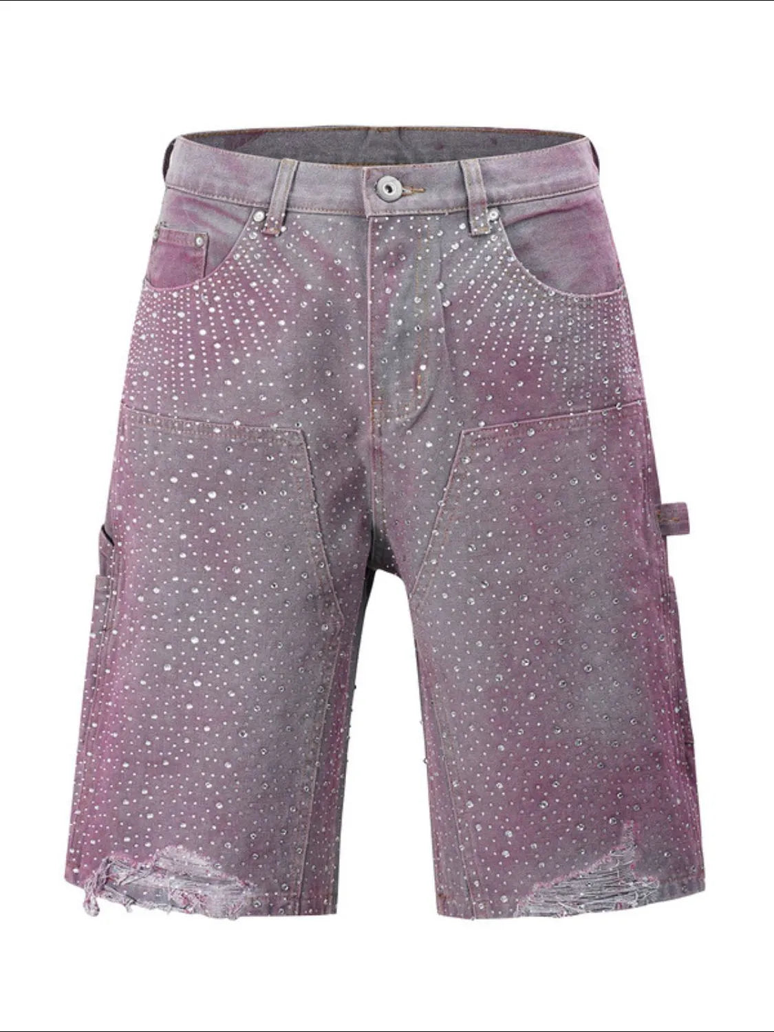 Crystal Burst Bermuda Shorts in pink wash denim with allover rhinestones and distressed hem.