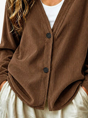 Casual Corduroy Button-up Cardigan in Terracotta, model styling view