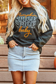 Textured corduroy sweatshirt in dark gray with "Pumpkin Spice Spice baby" graphic.