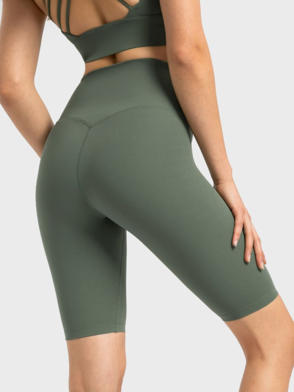 Sculpted Active Bike Shorts in Matcha Green with a V-seam detail and high waist.