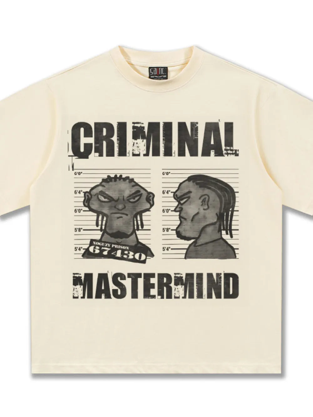 Pastel yellow cotton t-shirt with a bold cartoon graphic of two mugshot portraits and the text Criminal Mastermind.