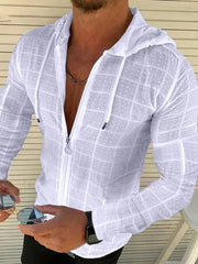 White textured grid-pattern zip-front hoodie with deep plunge neckline and drawstring hood.