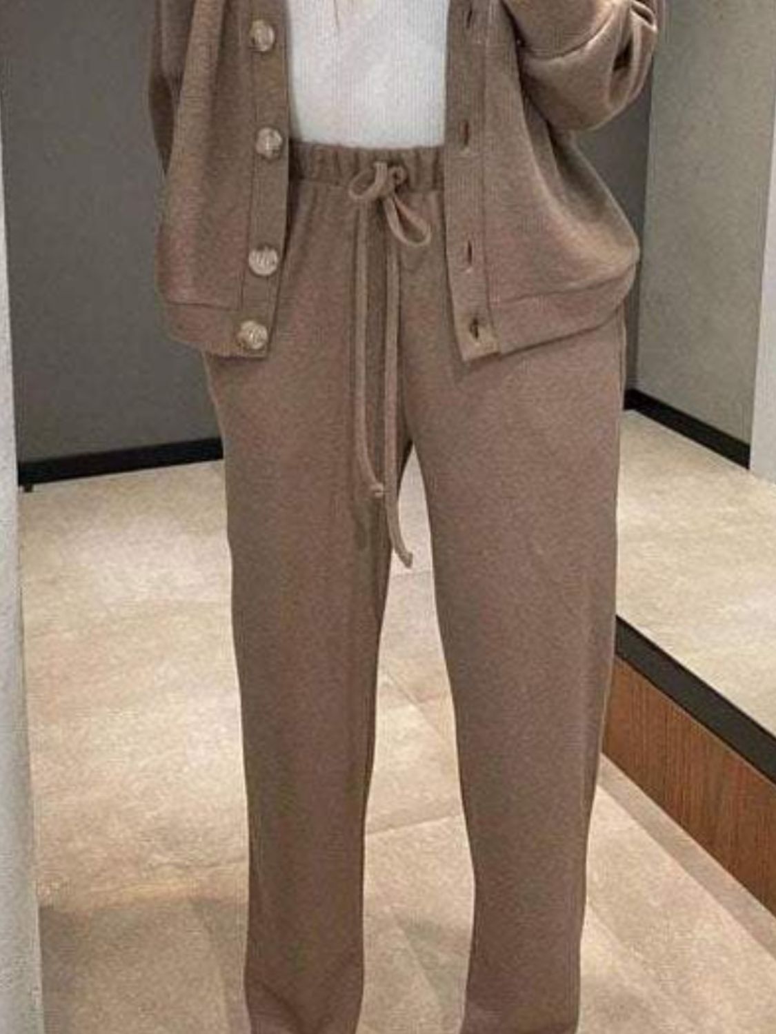 Taupe button-front lounge set with drawstring pants and a ribbed tank.