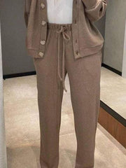 Taupe button-front lounge set with drawstring pants and a ribbed tank.