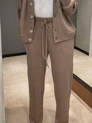 Taupe button-front lounge set with drawstring pants and a ribbed tank.