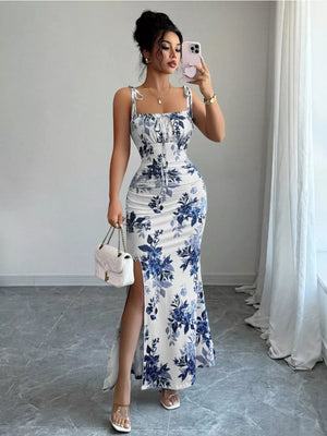 Floral print tie strap maxi dress in Peacock Blue with ruched bodice and high slit.