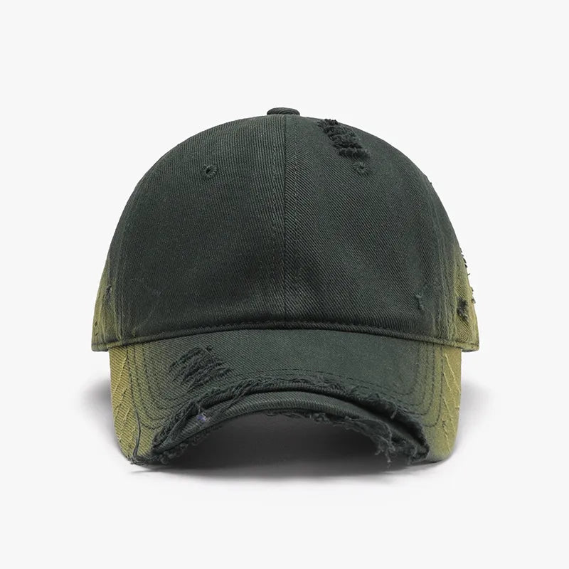 Distressed dark green baseball cap with frayed details and a curved brim.