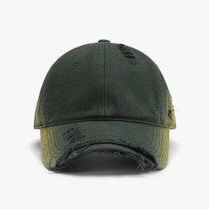 Distressed dark green baseball cap with frayed details and a curved brim.