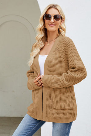 Khaki waffle knit cardigan with patch pockets and open front, acrylic material.