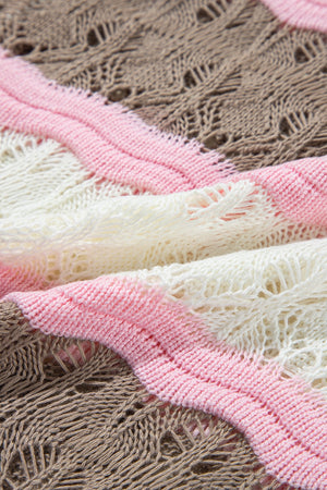 Striped openwork knit top in taupe, pink, and cream with a relaxed fit.