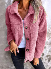 Textured sherpa utility jacket in Dusty Pink with button front and chest pockets.