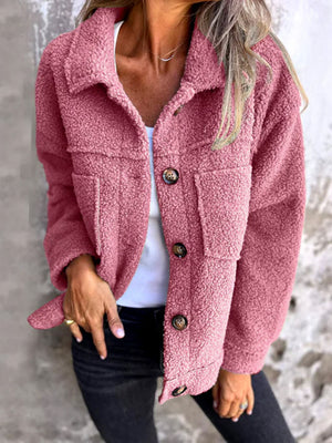 Textured sherpa utility jacket in Dusty Pink with button front and chest pockets.