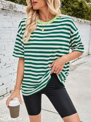 Relaxed fit striped tee in green and white with a contrast lime green neckline.