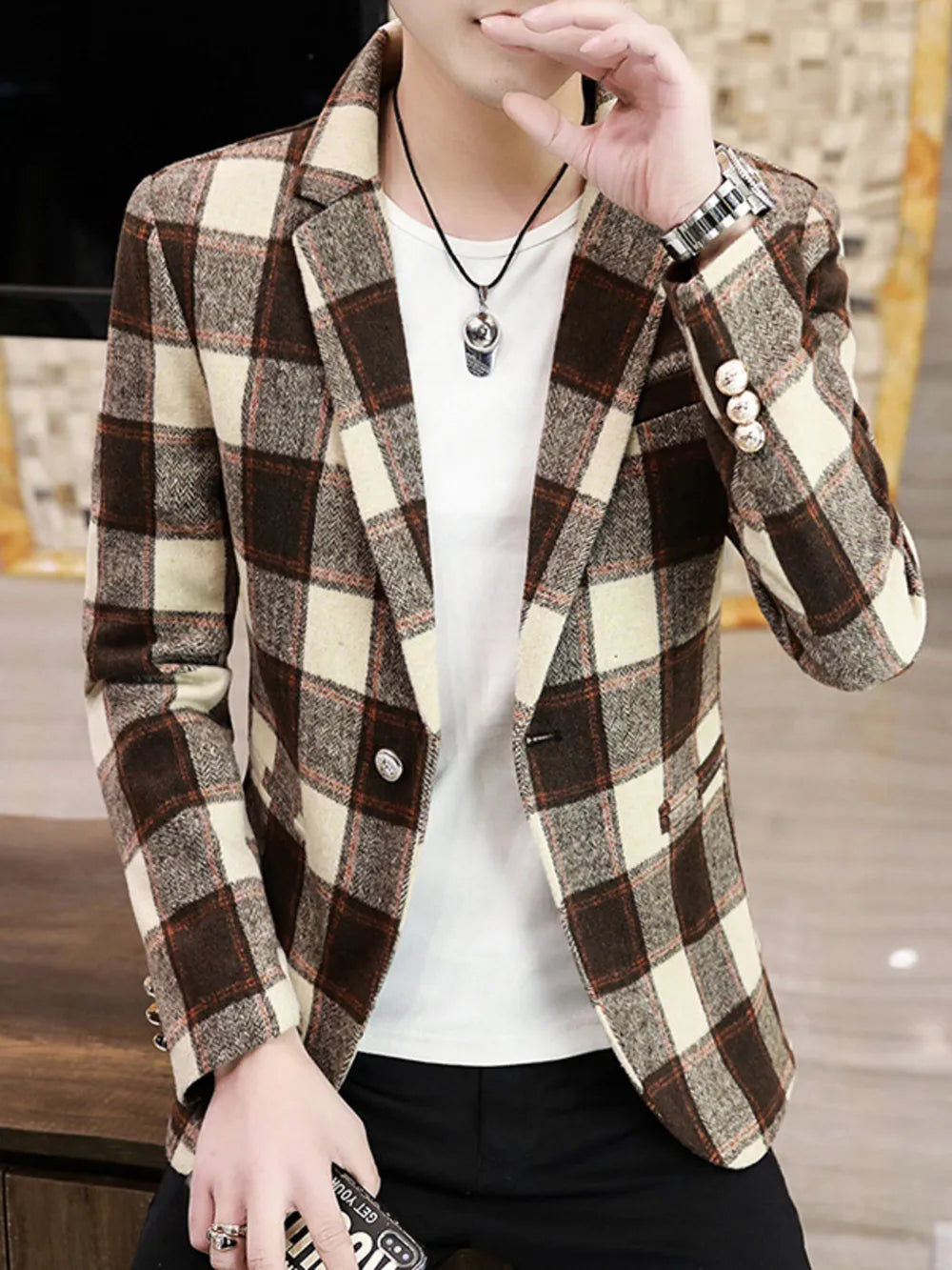 Plus size plaid blazer in brown and cream with button closure and notched lapel.