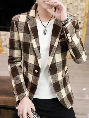 Plus size plaid blazer in brown and cream with button closure and notched lapel.
