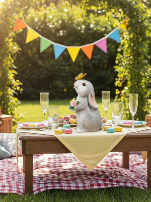 Easter bunny garden ornament with butterfly, holding flowers, on a picnic table with macarons.