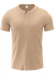 Men's ribbed khaki cotton henley tee with button placket
