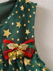 Green tulle baby dress with gold stars and a red plaid bow with bells.