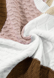 Patchwork cable knit tank top in dusty pink, white, and brown acrylic with mixed knit patterns.