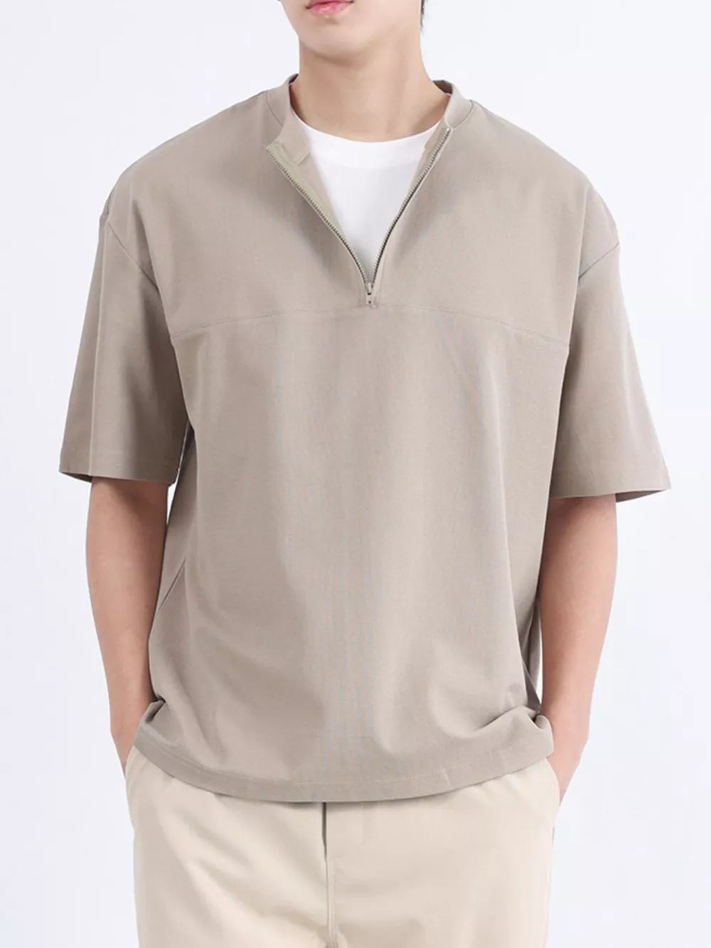 Contemporary men's half-zip t-shirt in Desert Color cotton with a relaxed fit.