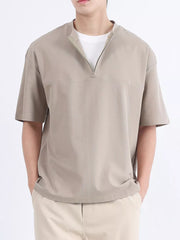 Contemporary men's half-zip t-shirt in Desert Color cotton with a relaxed fit.