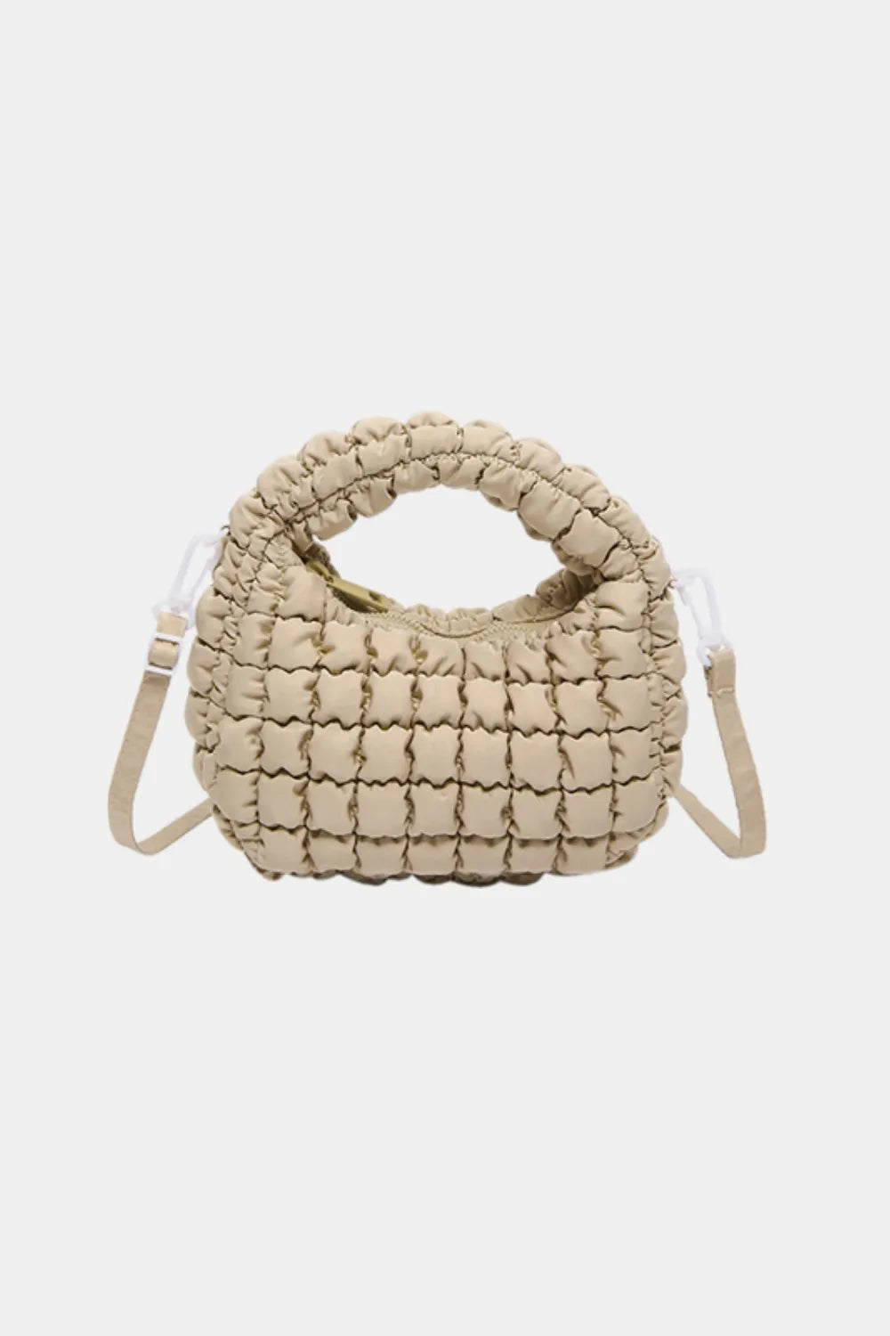 Padded crescent crossbody bag in Khaki with sculptural texture and ruched handle.