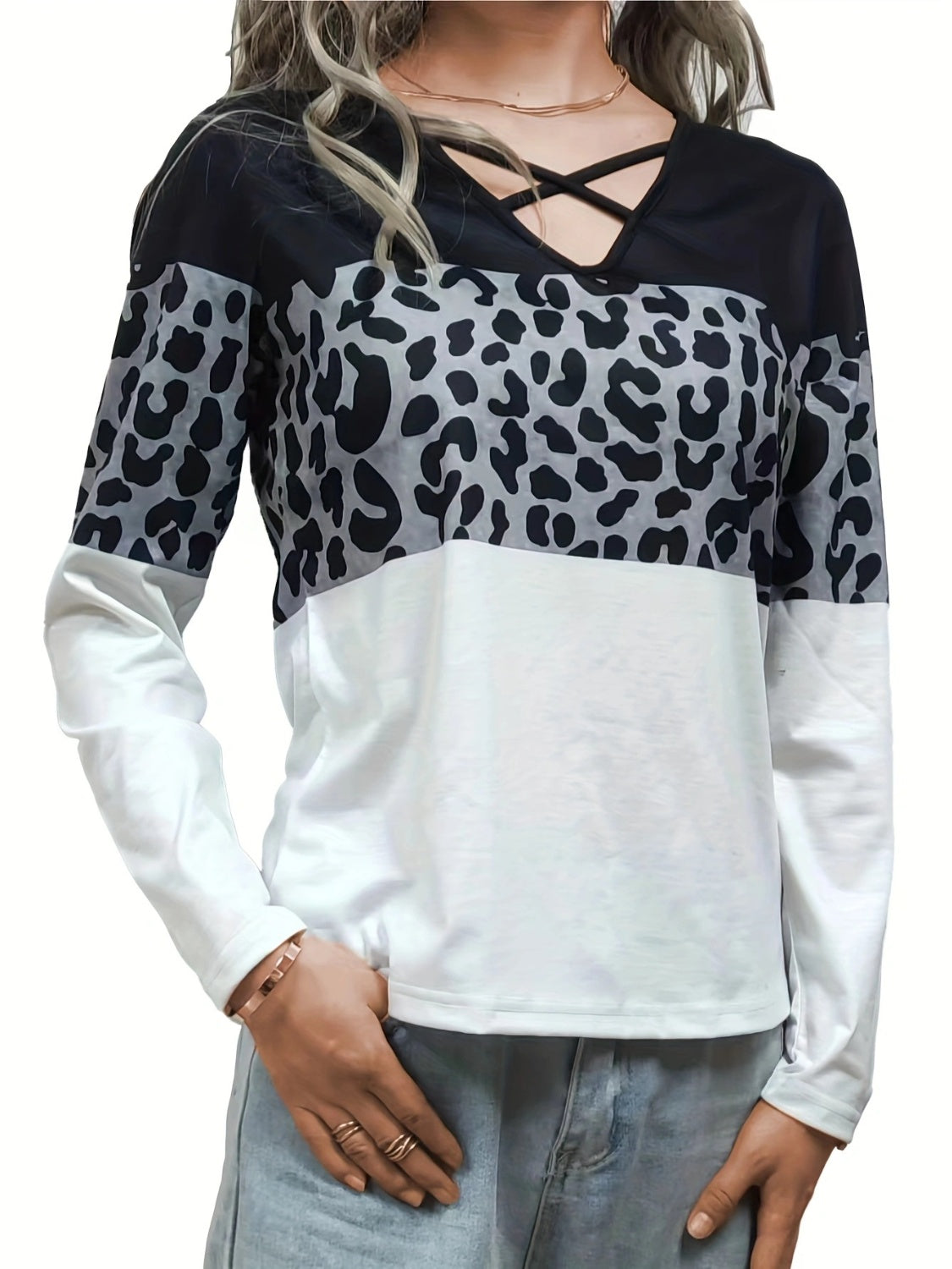 Long sleeve blocked top with leopard print and crisscross neckline