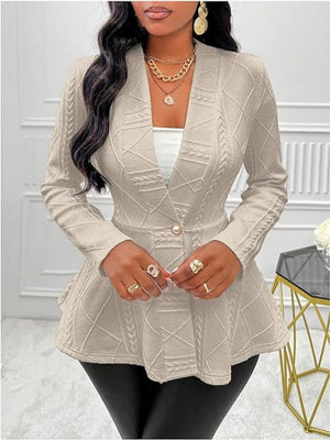 Tan textured knit peplum blazer with button and shawl collar