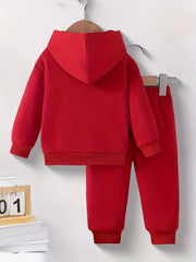 Red baby hoodie and pants set with ribbed cuffs and waistband.