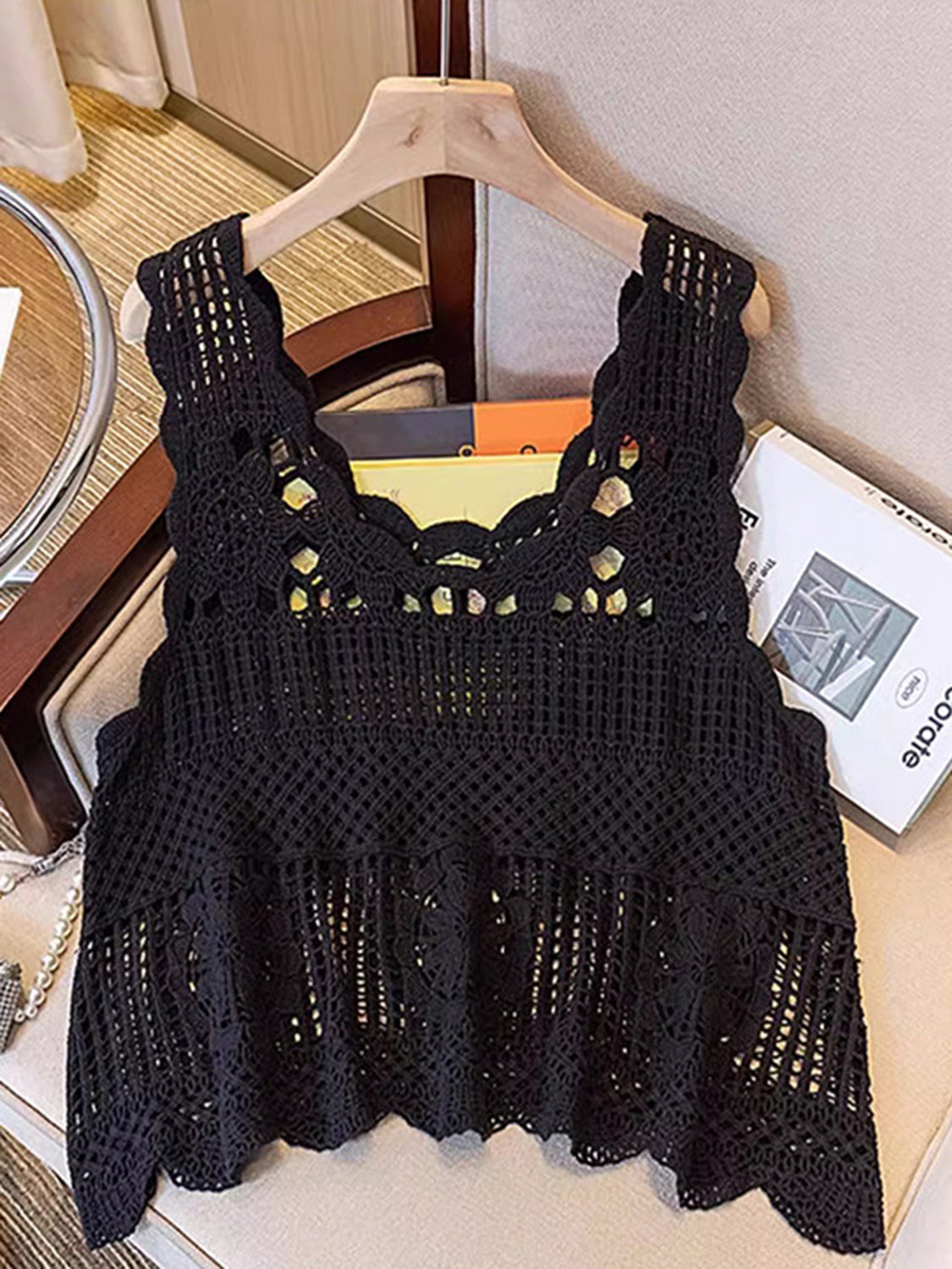 Black crochet floral overlay tank top with scalloped neckline and hem.