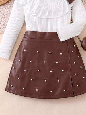 Children's Ruffled Long Sleeve Top And Skirt Set in White, close-up detail