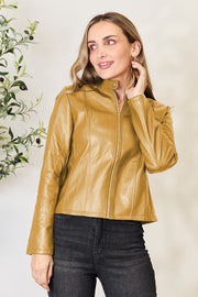 Biker jacket in Honey faux leather with zip front and stand collar.