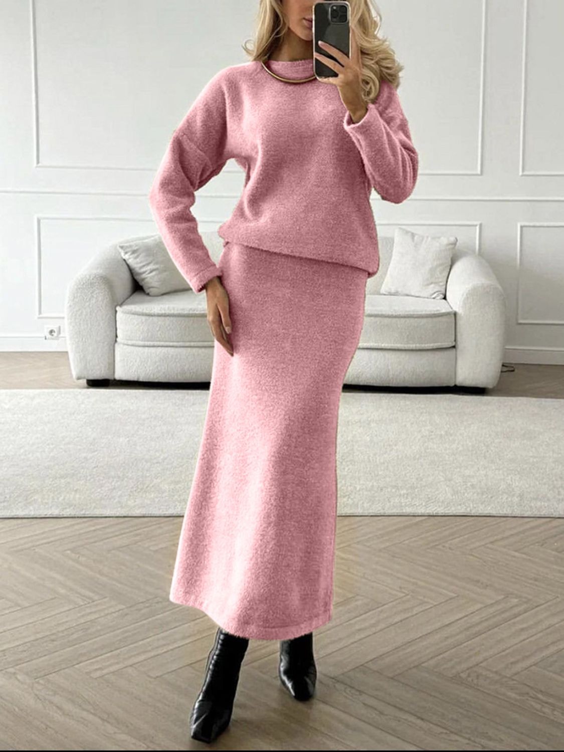 Textured knit co-ord set in blush pink, featuring a relaxed fit sweater and maxi skirt.
