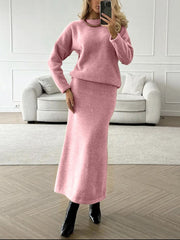 Textured knit co-ord set in blush pink, featuring a relaxed fit sweater and maxi skirt.
