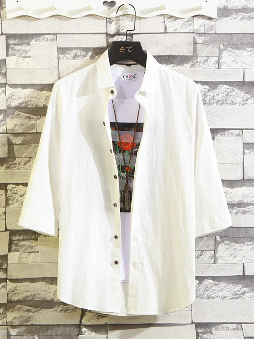 Men's Plus Size Button Up 3/4 Sleeve Shirt in Dark Gray, model styling view