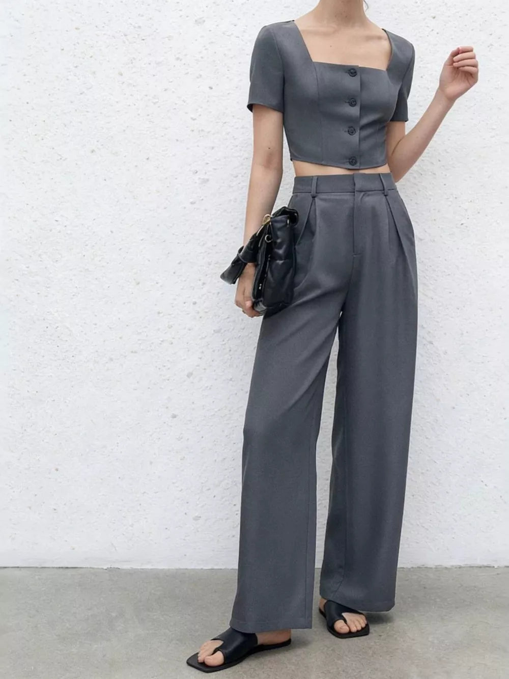 Chic square neck buttoned crop top and wide leg pants set in grey.
