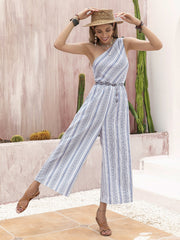 Printed asymmetric palazzo jumpsuit in black or white, casual chic style.