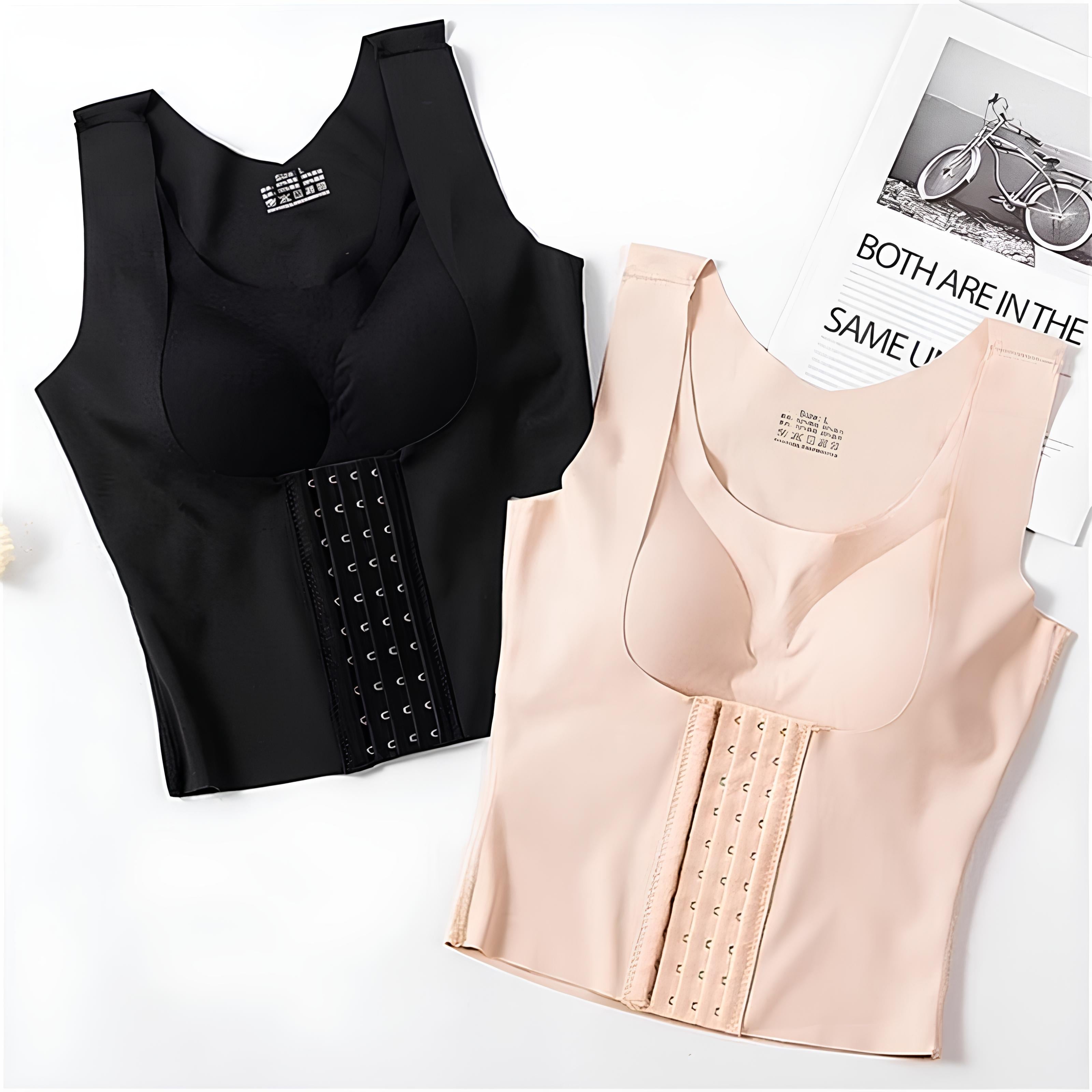 Sculpting hook-and-eye bodice tank tops in black and apricot with built-in bra
