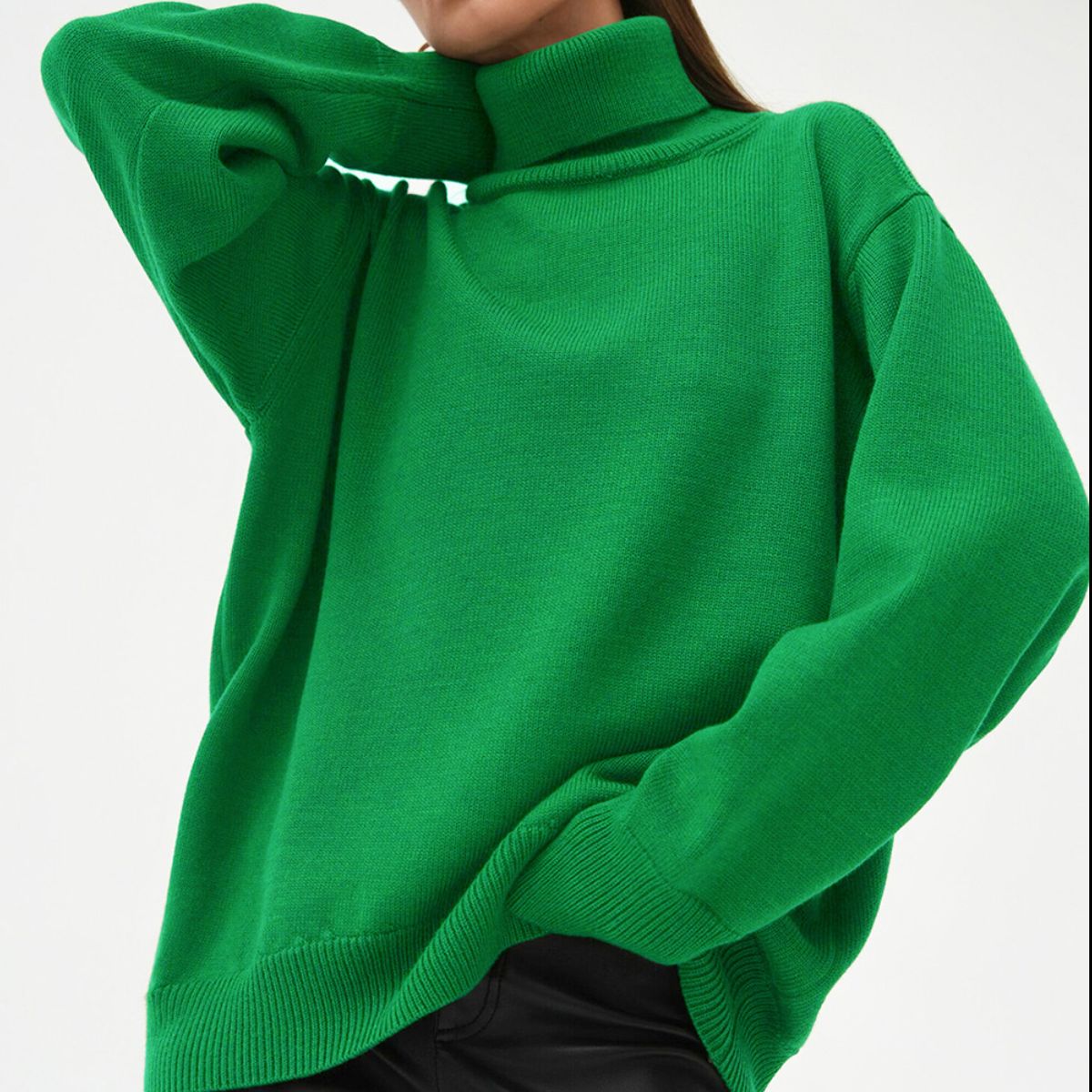 Mid Green Relaxed Roll-Neck Boxy Knit Sweater with ribbed cuffs and hem