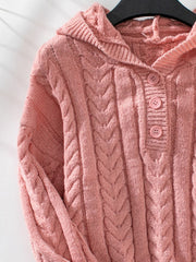 Pink cable knit hooded henley sweater with button detail
