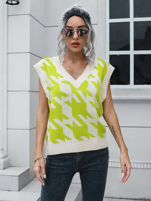 Houndstooth knit v-neck pullover vest in lime and cream acrylic.