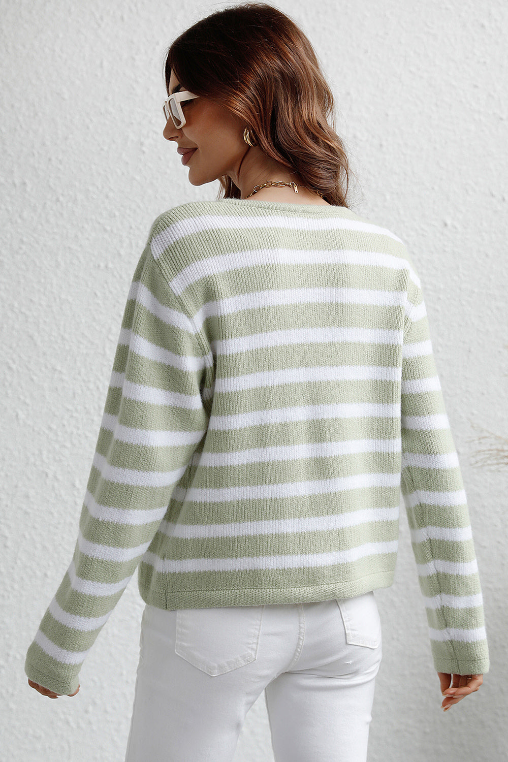 Light green and white striped acrylic knit cardigan with gold buttons