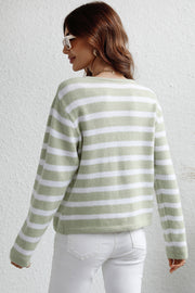 Light green and white striped acrylic knit cardigan with gold buttons