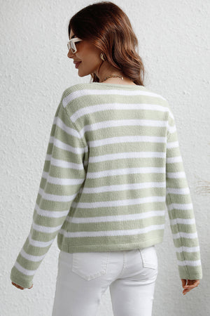 Light green and white striped acrylic knit cardigan with gold buttons