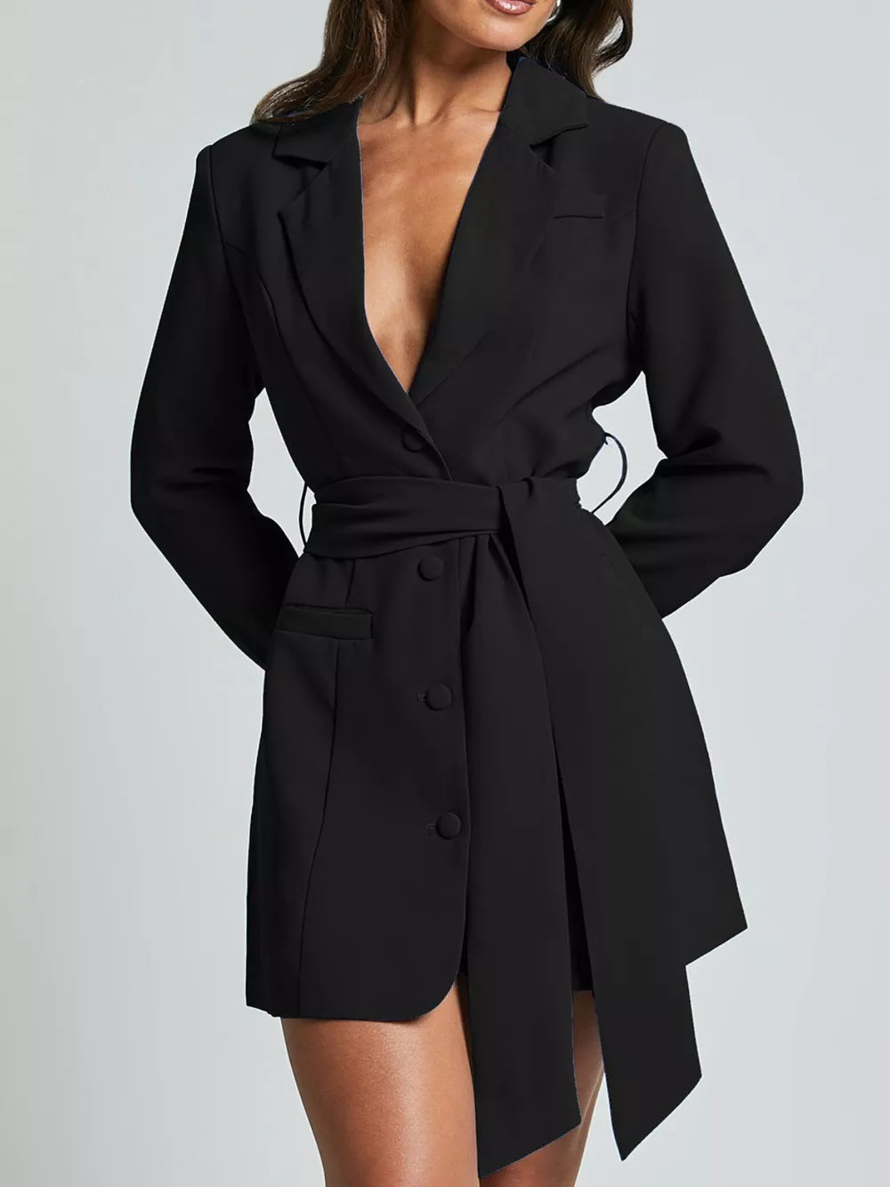 Black belted blazer dress with button front and tie waist detail