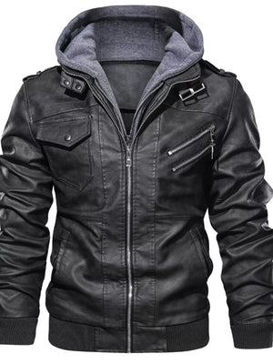 Men's black faux leather moto jacket with grey hoodie, zippered pockets and snap collar.