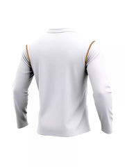 White long sleeve Henley t-shirt with gold stitching detail on shoulders.