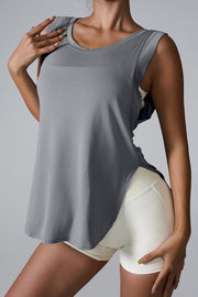 Charcoal grey performance tank top with asymmetric hemline and mesh detail.