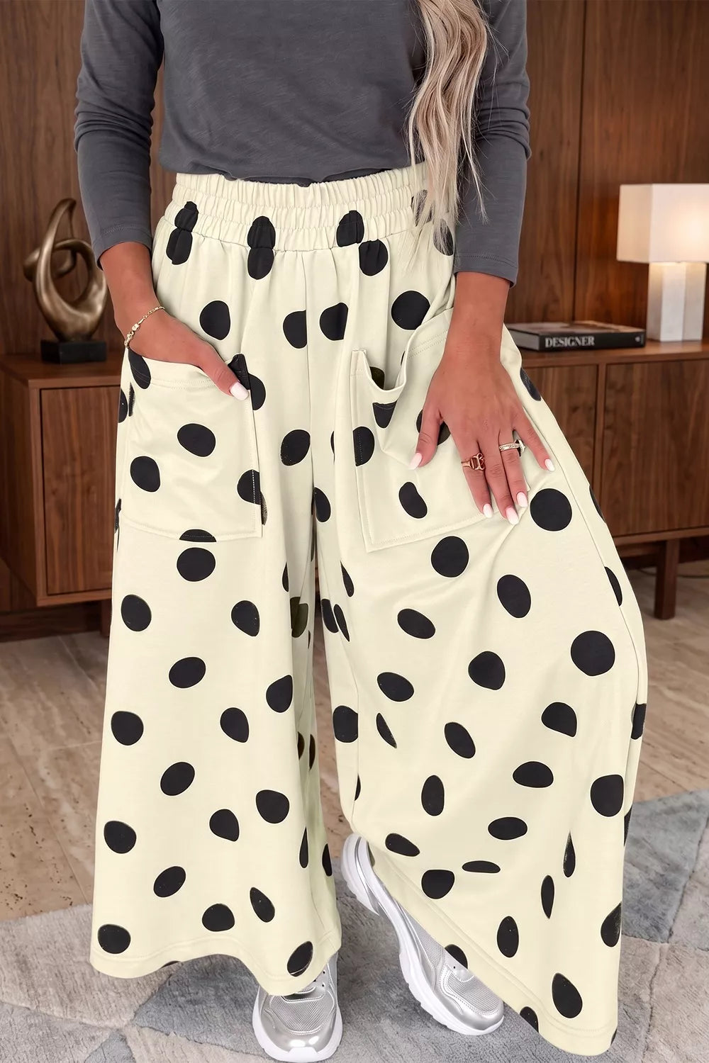 Polka Dot Wide Leg Elastic Waist Pants in Dust Storm, model styling view