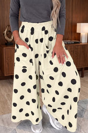 Polka Dot Wide Leg Elastic Waist Pants in Dust Storm, model styling view